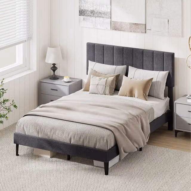Costway Modern Upholstered Platform Bed in Grey, W/D/H: 140 x 200 cm