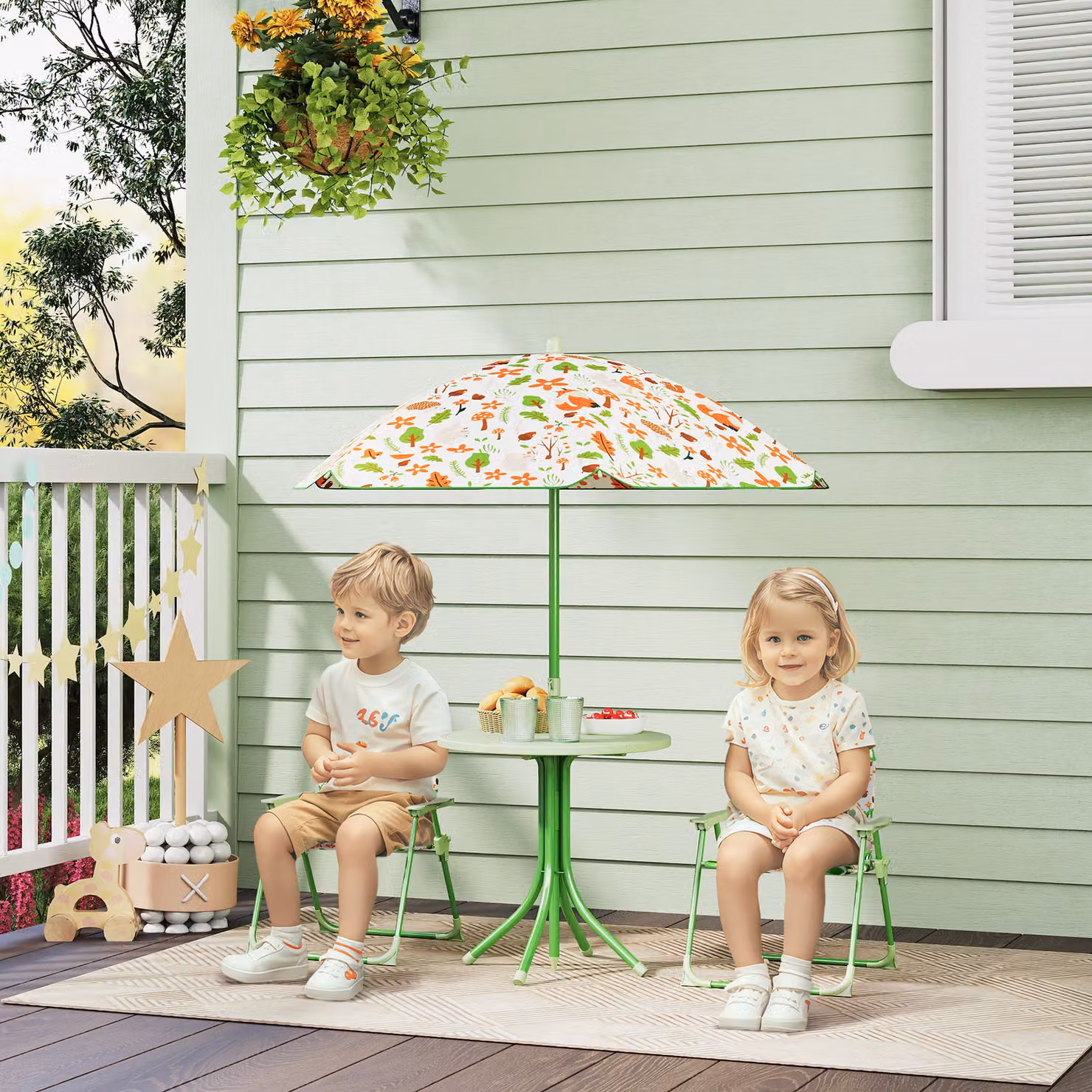 AIYAPLAY Kids Garden Table and Chair Set with Adjustable Parasol, 4 Pieces, Fox Pattern, Green – 2