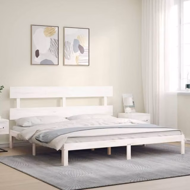 Berkfield Home Beautiful Bed Frame with Headboard in White Solid Pine Wood W/D/H: 200 x 200 x 81 cm