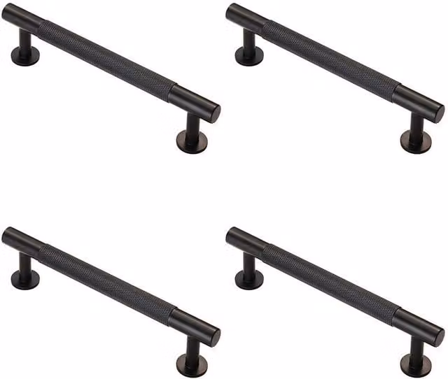 Loops 4-Pack Knurled Bar Door Pull Handle, Matt Black, Length: 158 mm, Diameter: 13 mm, Fixing Centres: 128 mm