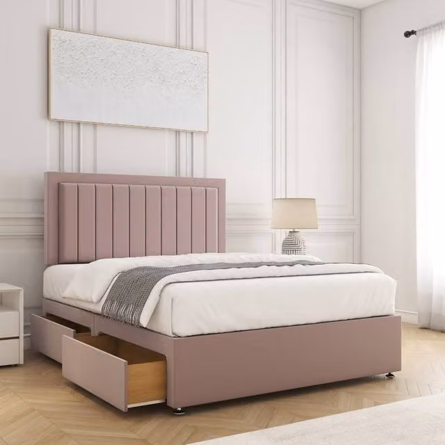 BSSPOKE Zarah Small Double Divan Bed with 24 inch Headboard, 2 Drawers and Mattress in Pink Plush Velvet, W/D/H: 120 x 200 cm