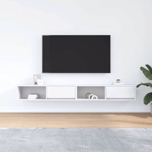 Berkfield Home Set of 2 White Wall Mounted TV Cabinets in Matt Engineered Wood, W/D/H: 100 x 31 x 25.5 cm – 1