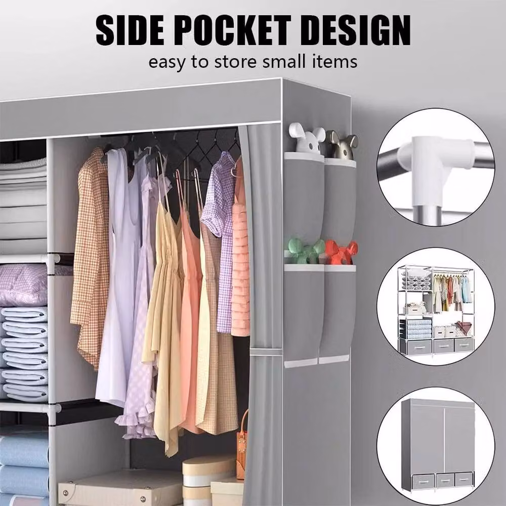 KORVIXA Fabric Canvas Closet with Hanging Rod and Shelves in Grey, W/D/H: 100 x 100 x 100 cm – 3
