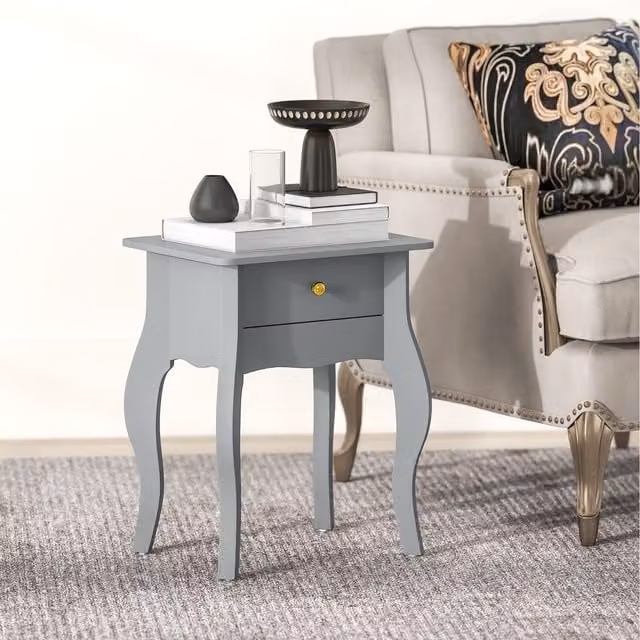 HOMCOM French Style End Table with Drawer and Curved Legs in Grey and Gold