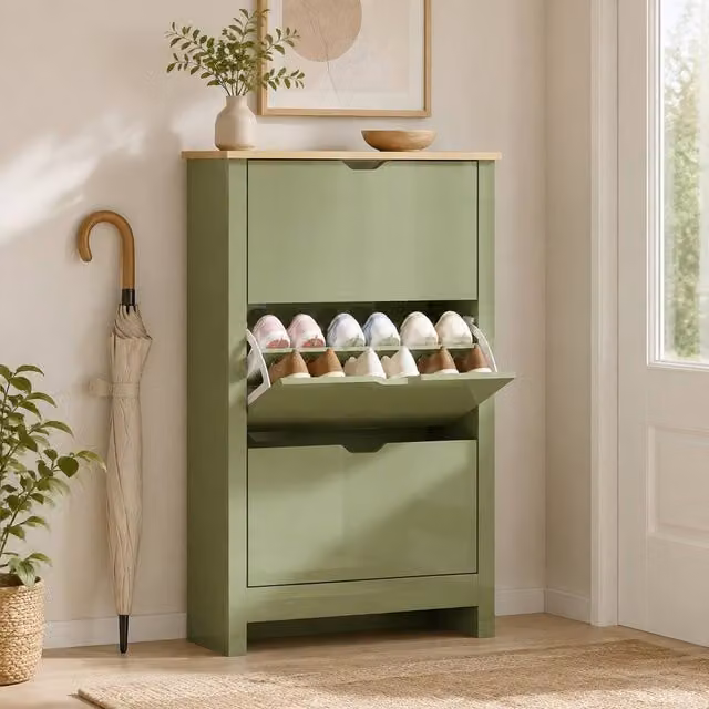 STILVORA Modern Green Shoe Cabinet with 3 Flip Drawers and Internal Shelves