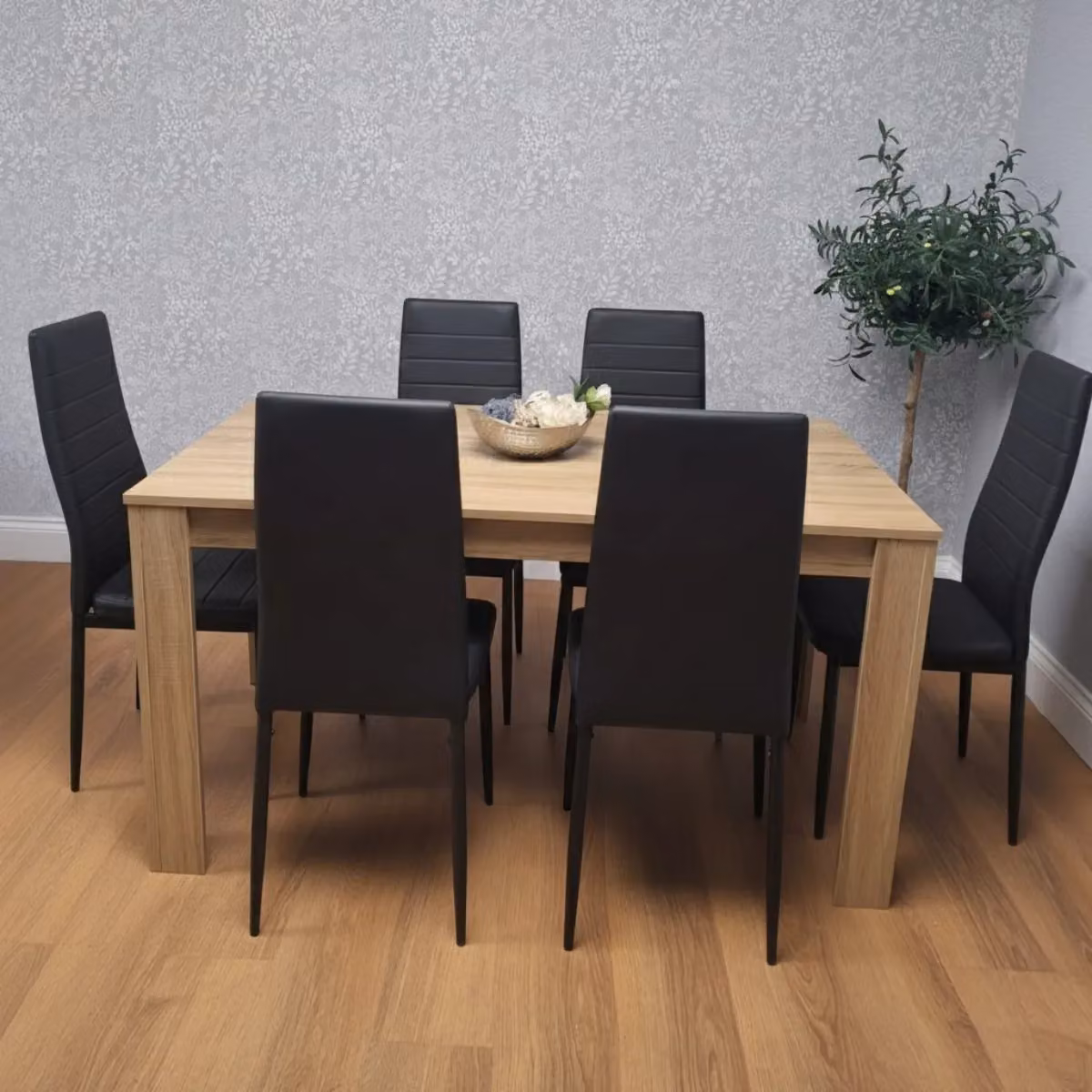 Kosy Koala Oak Effect Dining Table Set with 6 Black Faux Leather Chairs in Brown – 2