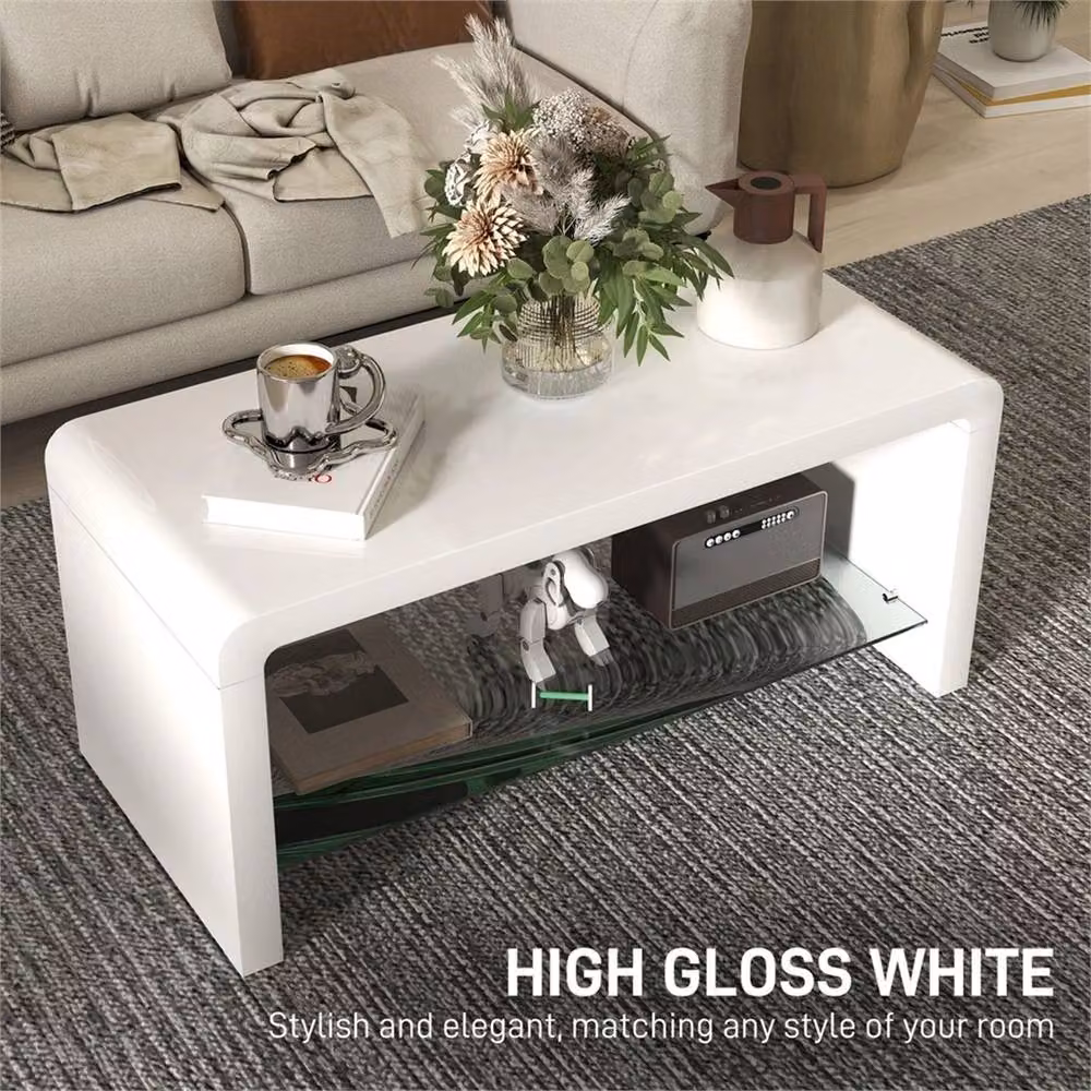 EONLION Modern High Gloss White Square Coffee Table with Glass Shelf, W x D: 100 x 100 cm – 3