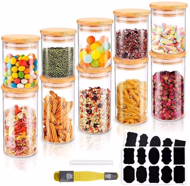 PAWNORA Set of 10 Airtight Glass Storage Bottles with Bamboo Lids in Clear