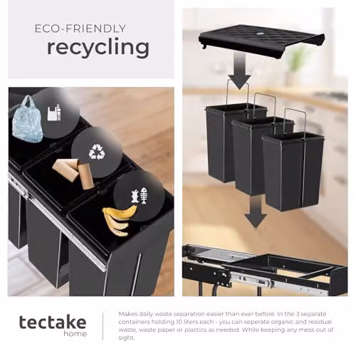 tectake Ashlyn Kitchen Bin with 3 Compartments in Black, 30L Capacity – 7