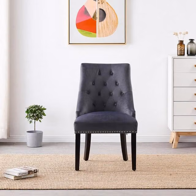 Life Interiors Single Velvet Dining Chair with Armrests and Button Tufting in Grey – 1