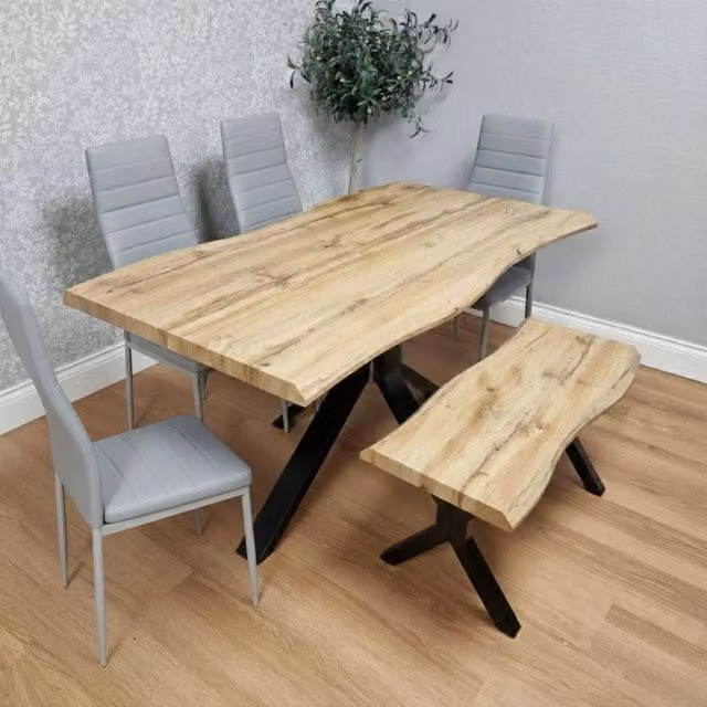 KOSY KOALA Brown Wooden Dining Set with Rectangular Table, 4 Grey Chairs and Bench – 1
