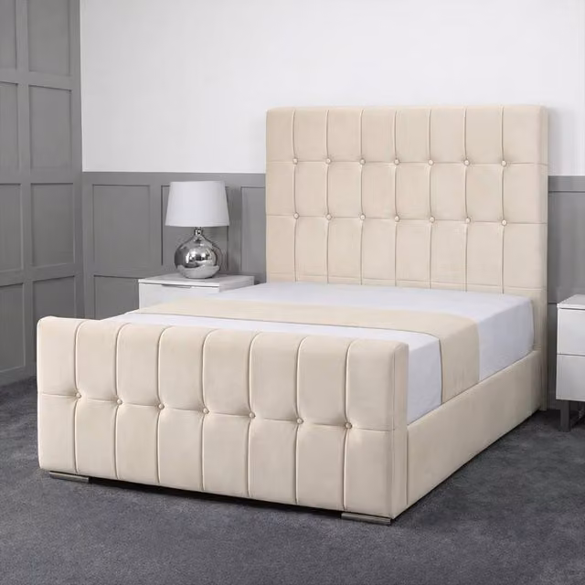 Living Comfort Bedz Belmont Single Upholstered Velvet Gas Lift Storage Bed in Beige