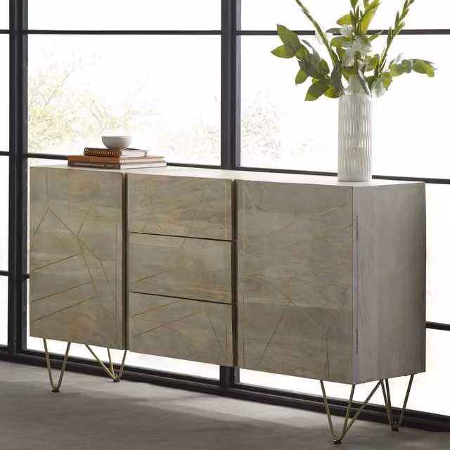 IH Design Dallas Large Sideboard in Light Gold and Mango Wood with 2 Doors and 3 Drawers