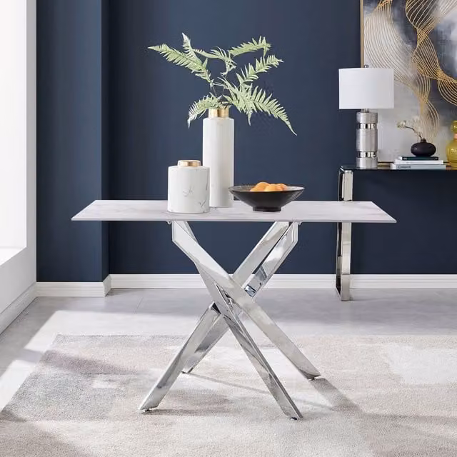 FurnitureboxUK Leonardo 4-Seater Rectangular Dining Table with Grey Marble Effect White Glass Top and Silver X-Frame Metal Legs