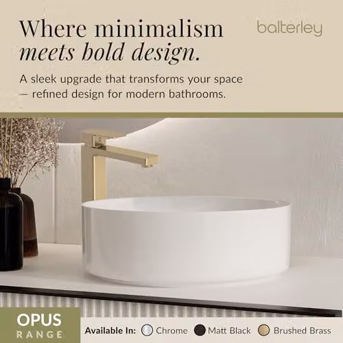 Balterley Tall Basin Mixer Tap in Brushed Brass, High Rise Monobloc Single Lever Tap with Square Body and Flat Spout, W/D/H: 5.0 x 19.0 x 27.1 cm – 2