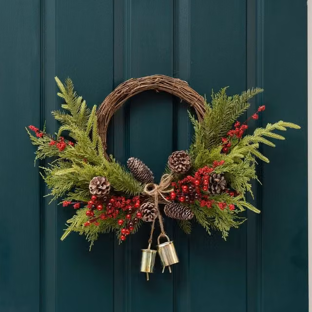 Scottish Everlastings Ltd Green Real Touch Half Wreath with Bells, Diameter: 50 cm