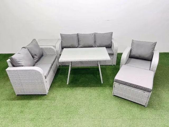 Fimous Patio Dining Set with Reclining Chairs and Side Table in Light Grey