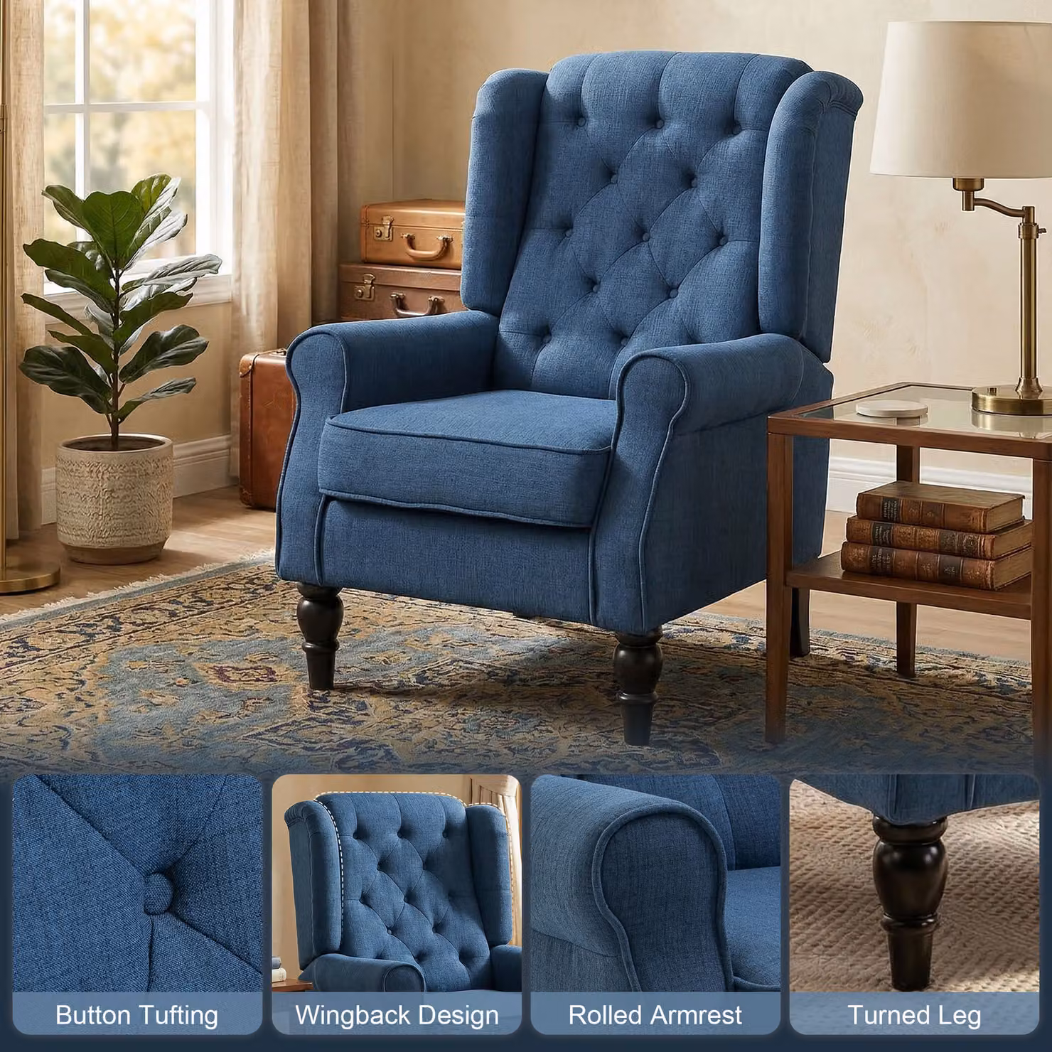 HOMCOM Retro Blue Fabric Wingback Accent Armchair with Solid Wood Frame and Button Tufting – 4