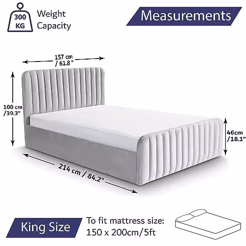 Home Treats King Size Ottoman Bed Frame in Grey Velvet Upholstery with Lift Up Storage, W/D/H: 180 x 200 x 39 cm – 2