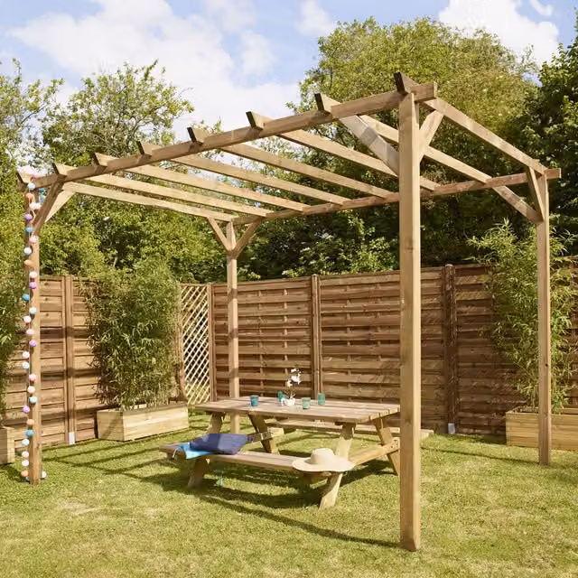 Cerland Magdalie Rustic Pine Wooden Garden Pergola, Brown, W/D/H: 400 x 300 x 249 cm
