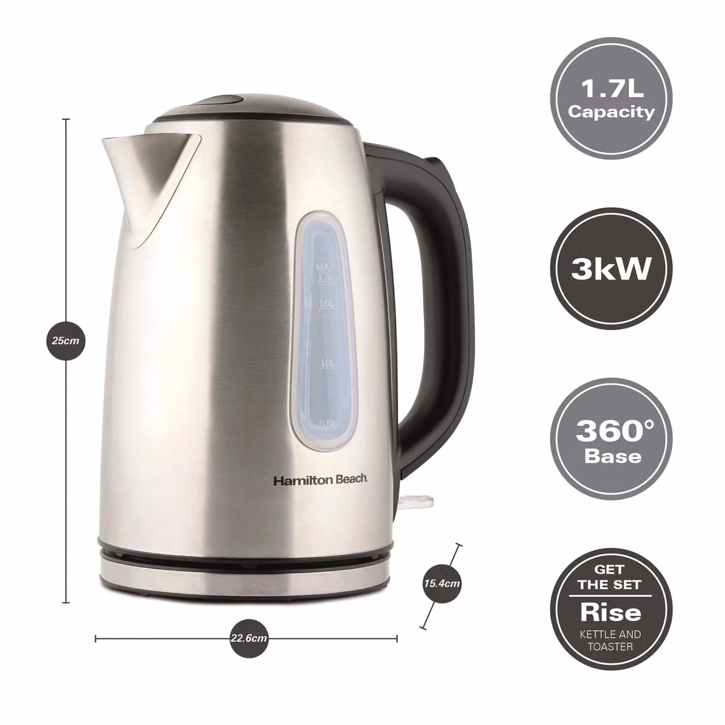 Hamilton Beach Rise Electric Kettle, 1.7 l, Silver Stainless Steel – 8