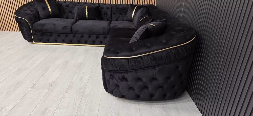 Celebrity Interiors Ambassador Left Facing Corner Sofa in Black Velvet with Gold Accents – 3
