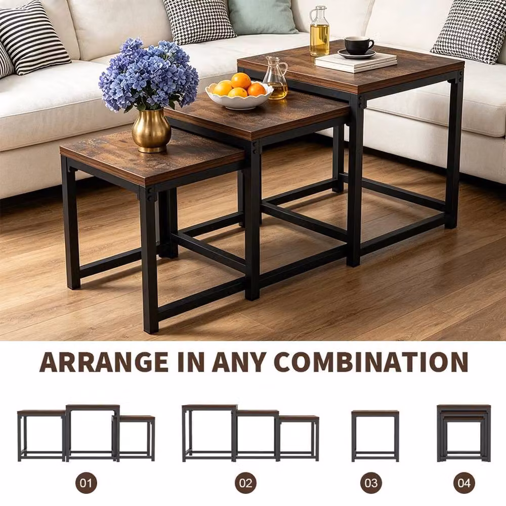 KORVIXA Set of 3 Nesting Coffee Tables in Brown and Black, Square Industrial Design – 3