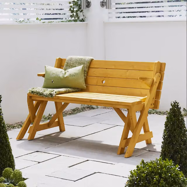 Modbury 2 in 1 Convertible Rustic Wood Garden Bench and Picnic Table in Brown