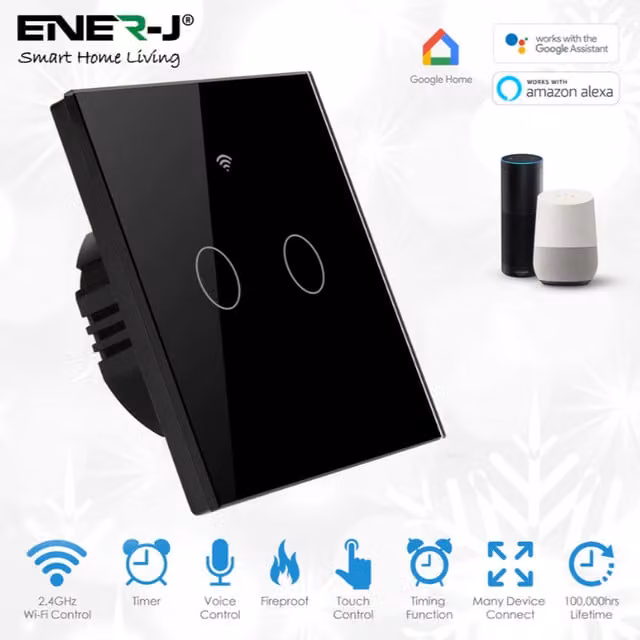 Ener J Smart Touch 2 Gang WiFi Wall Switch in Black Glass