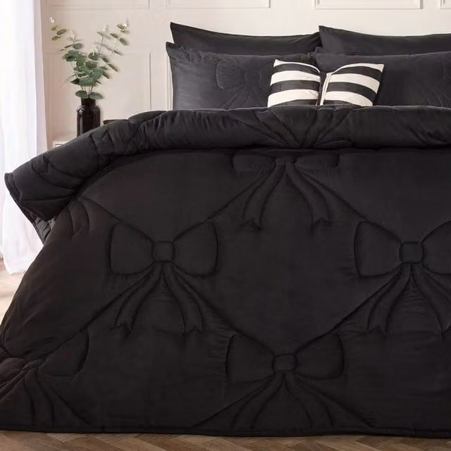 OHS Bow Lattice King Size 7.5 TOG Duvet and Pillowcase Set in Black