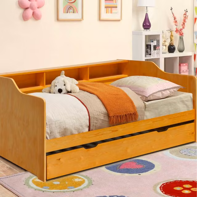 Comfy Living 3ft Solid Wood Bed with Trundle and Side Shelving in Caramel
