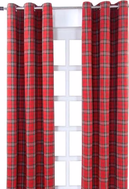 Homescapes Edward Tartan Check Cotton Eyelet Curtain Pair in Red and Green, Width: 140 cm, Height: 229 cm