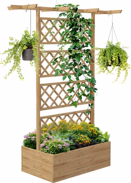 Outsunny Wooden Raised Garden Planter Box with Decorative Trellis for Climbing Plants, Brown/Beige, W/D/H: 183 x 55 x 99 cm – 1