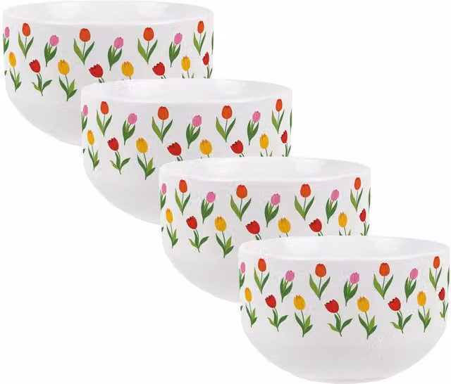 Purely Home Floral Tulips Print Ceramic Cereal Bowl, Green and Multicolour