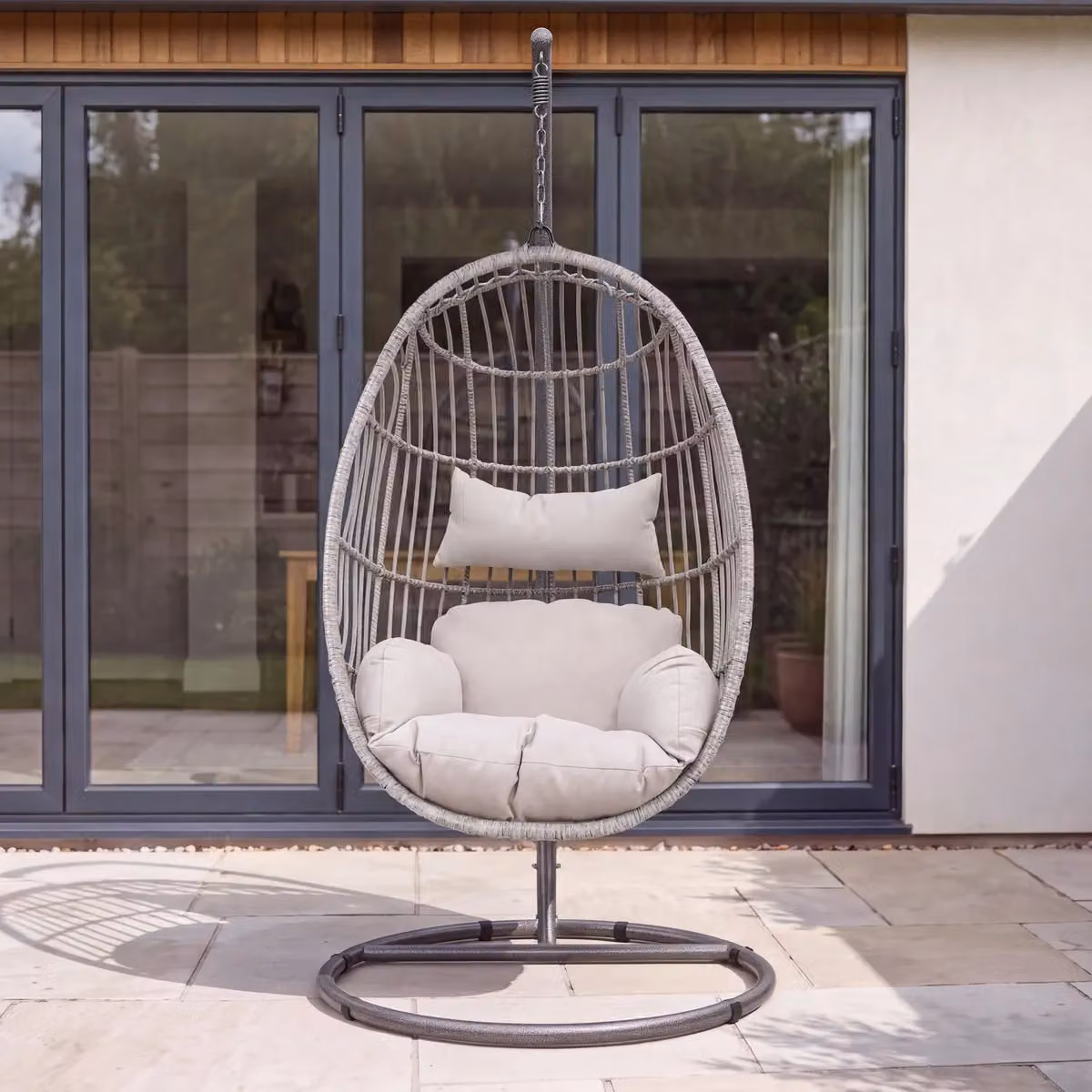 Charles Bentley Freestanding Egg Hanging Swing Chair with Cushions in Grey, W/D/H: 95 x 80 x 195 cm – 2