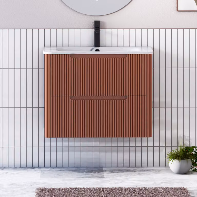 Royal Bathrooms Avenza Wall Hung Vanity Unit with 2 Drawers and Carrara White Basin, Terracotta Clay, Width: 70 cm