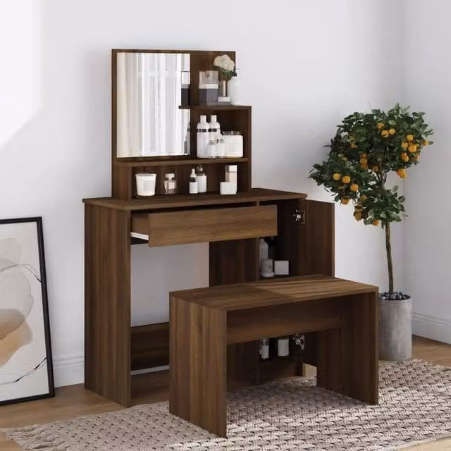 Berkfield Home Beautiful Dressing Table with Mirror in Brown Oak, W: 86.5 cm, D: 35 cm, H: 136 cm
