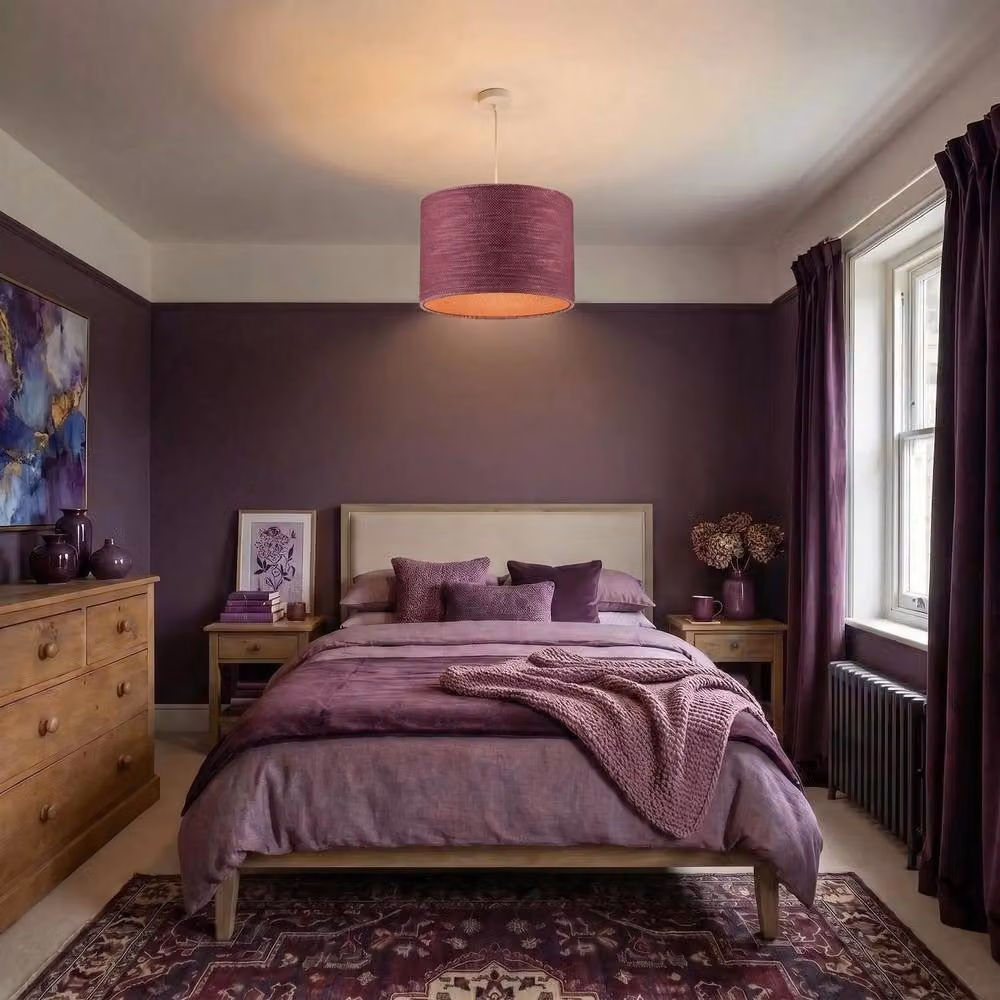 Happy Homewares Burgundy Textured Linen Round Pendant Light Shade with Diffuser and Reducer Ring – 4