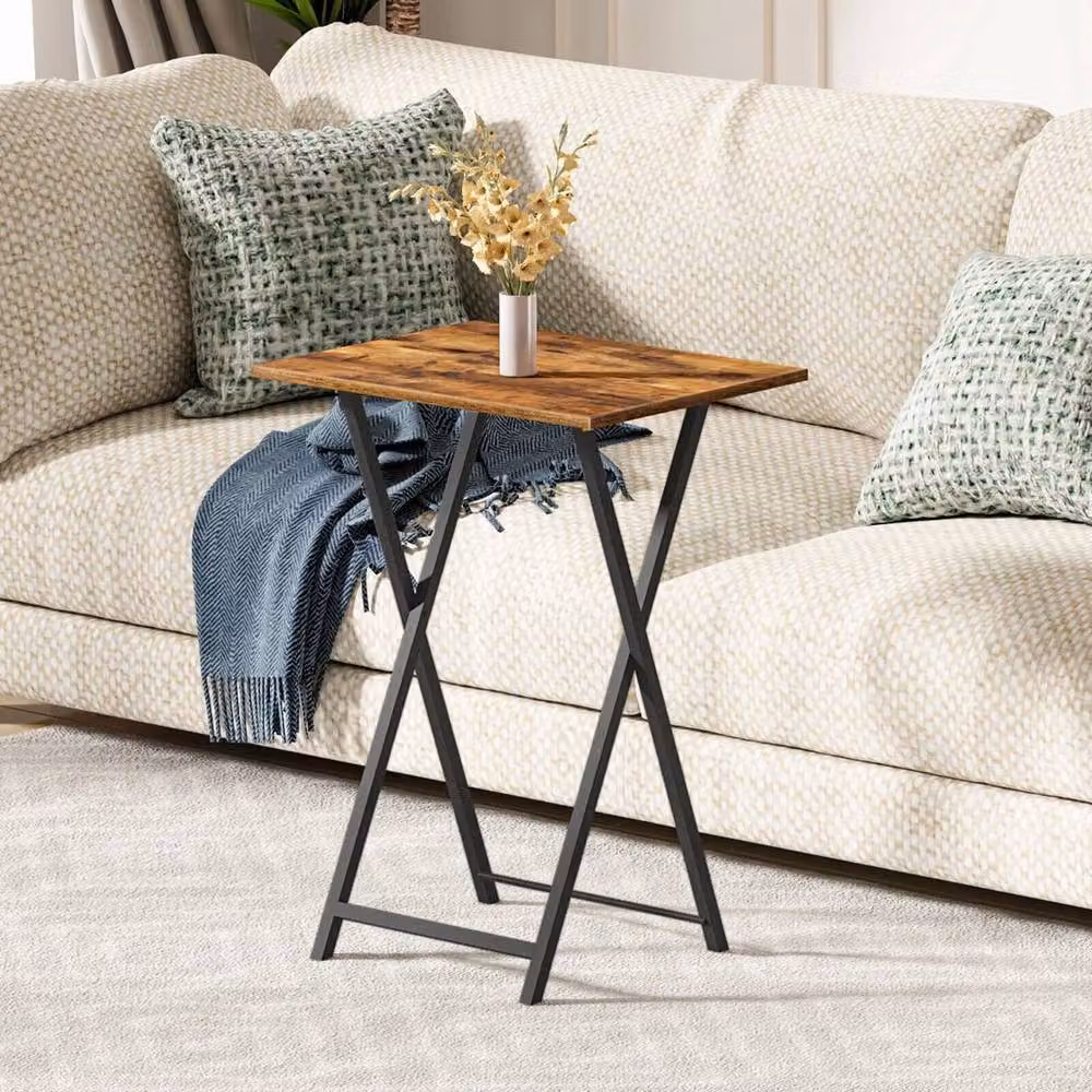 PAWNORA Brown Rustic Folding Side Table and TV Tray with Metal X-Frame, W/D/H: 36.0 x 36.0 x 65.5 cm – 5