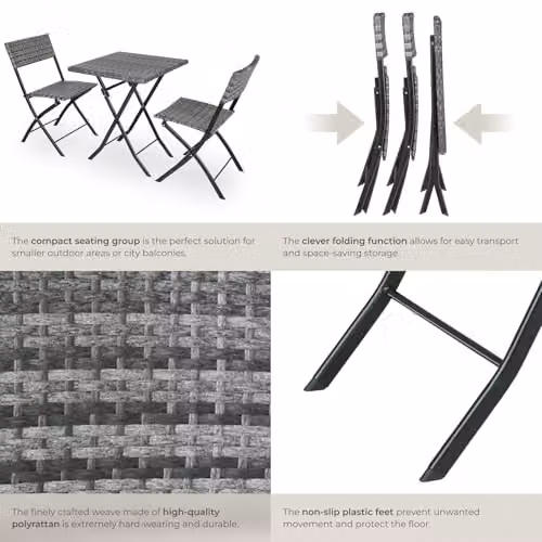 tectake 3 Piece Bistro Set with Foldable Poly Rattan Chairs and Square Table in Grey – 6