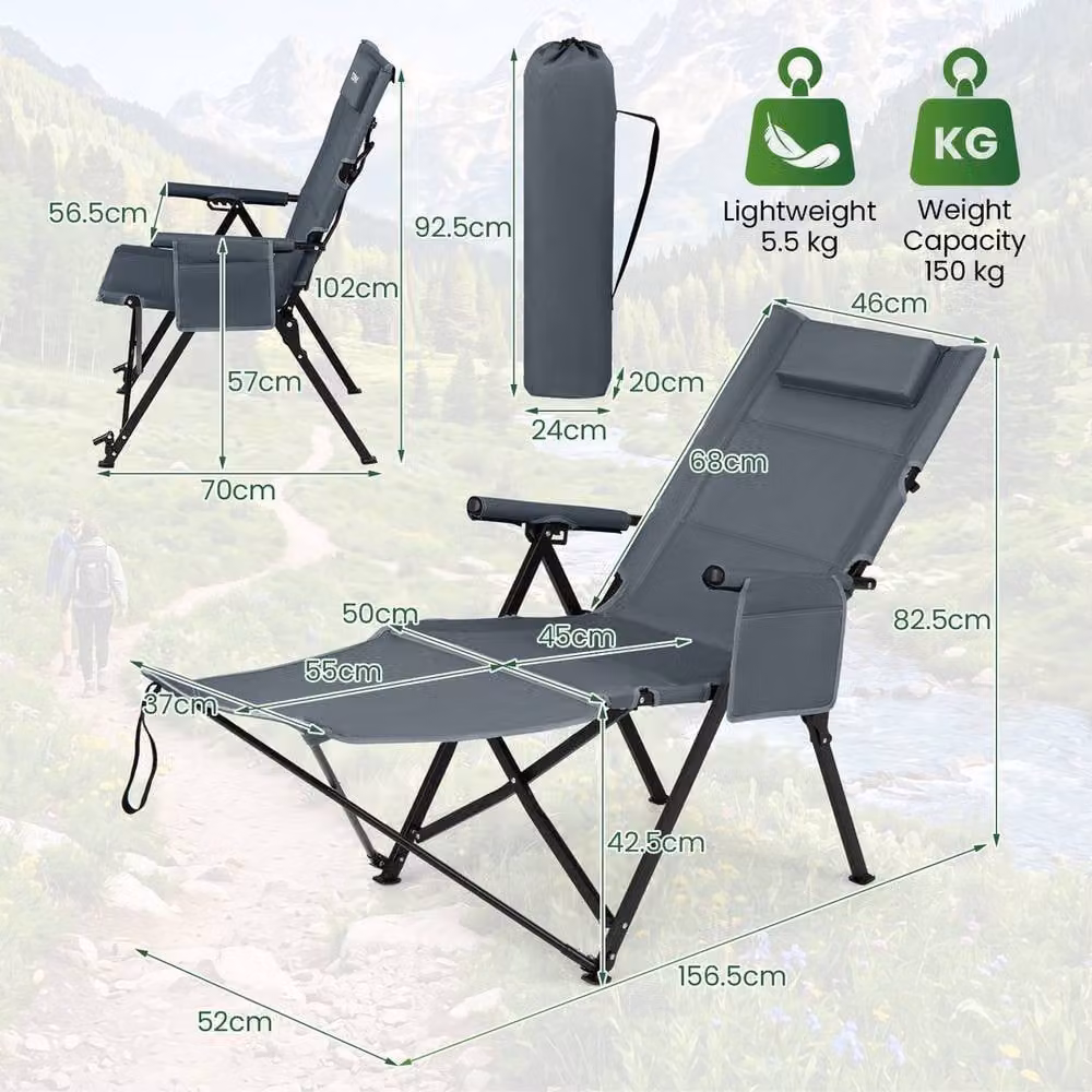 KORVIXA Grey Folding Lounge Chair with Adjustable Headrest and Armrests – 2
