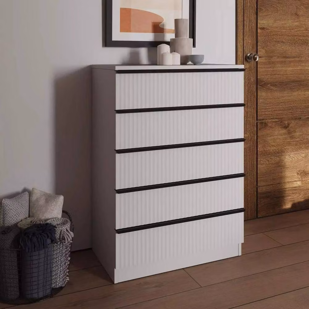 FORGEVIO 5 Drawer Chest with Ripple Effect Scalloped Fronts in White Melamine – 2
