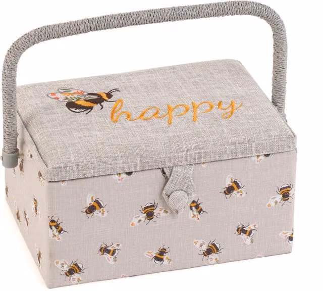 HobbyGift Bee Happy Medium Sewing Box with Embroidered Lid in White and Beige