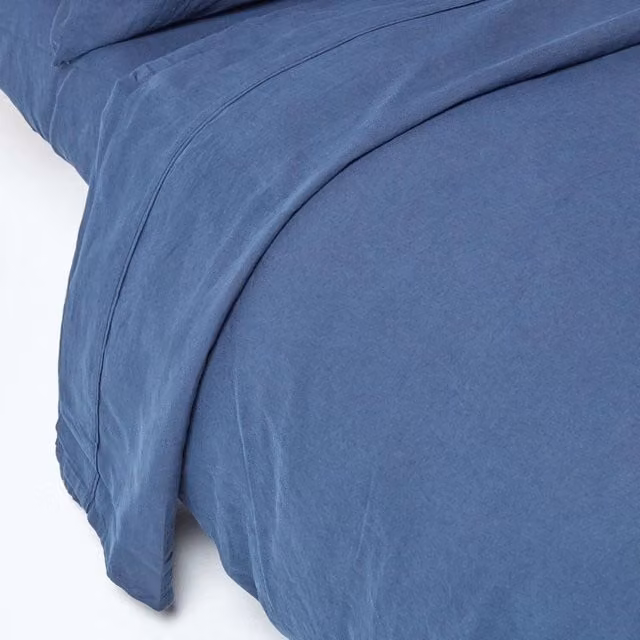 Homescapes Linen and Cotton Flat Sheet, Navy, W: 140 cm, D: 200 cm