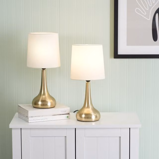 ValueLights Teardrop Pair of Gold and Blue Touch Table Lamps with Fabric Shades and Bulbs Included