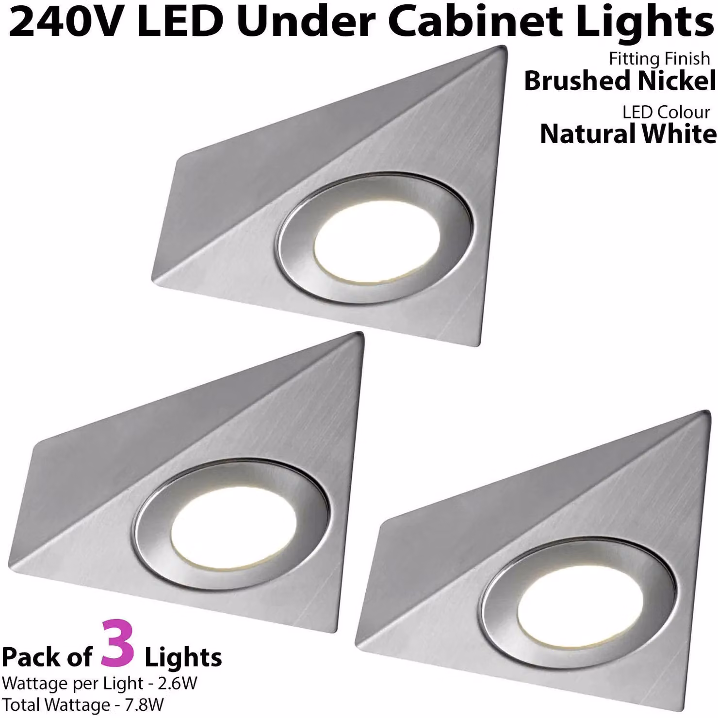 Loops 3x Brushed Nickel Triangle Surface Under Cabinet Kitchen LED Light Kit in Silver with Natural White Light – 2