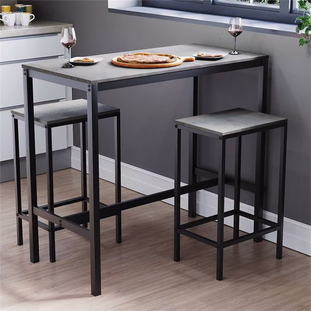 NESTLUNE Modern Concrete Grey Bar Table and 2 Stool Set for Kitchen or Dining Room – 2