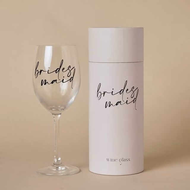 Amore by Juliana Bridesmaid Wine Glass in Clear with Black Text