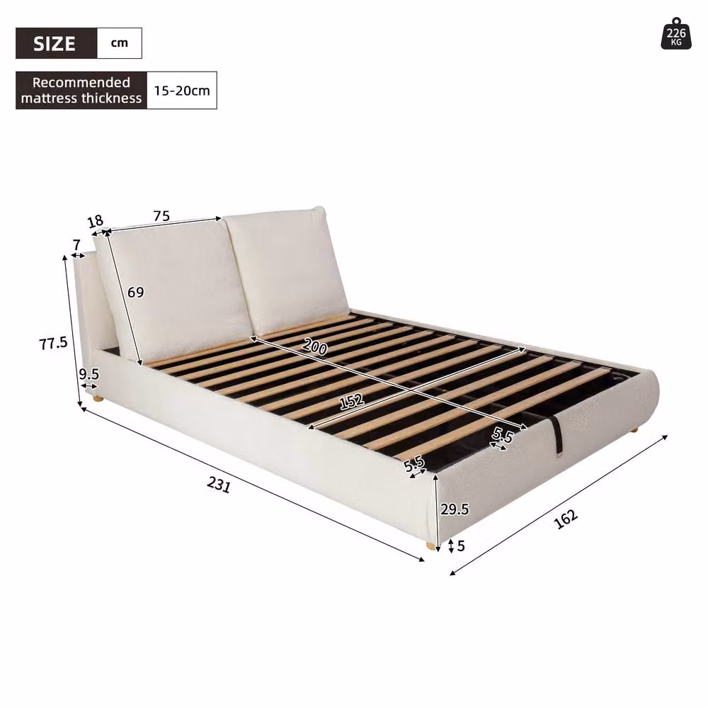 STILVORA King Size Ottoman Bed Frame with Storage, White Boucle Upholstered Design, W/D/H: 180 x 200 x 29.5 cm – 2