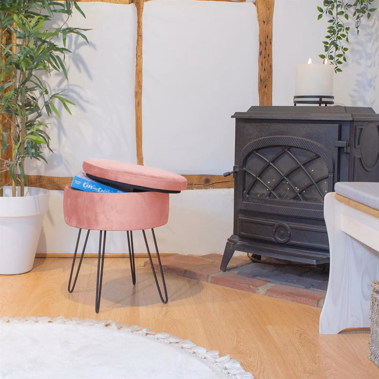 Harbour Housewares Pack of 2 Round Velvet Storage Footstools in Pink, H 45 cm x D 36 cm – 3